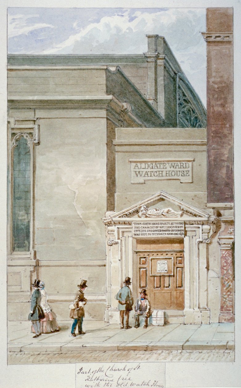 Vista parcial de St Katherine Cree e da casa de relógios Aldgate, City of London, 1830 de James Findlay