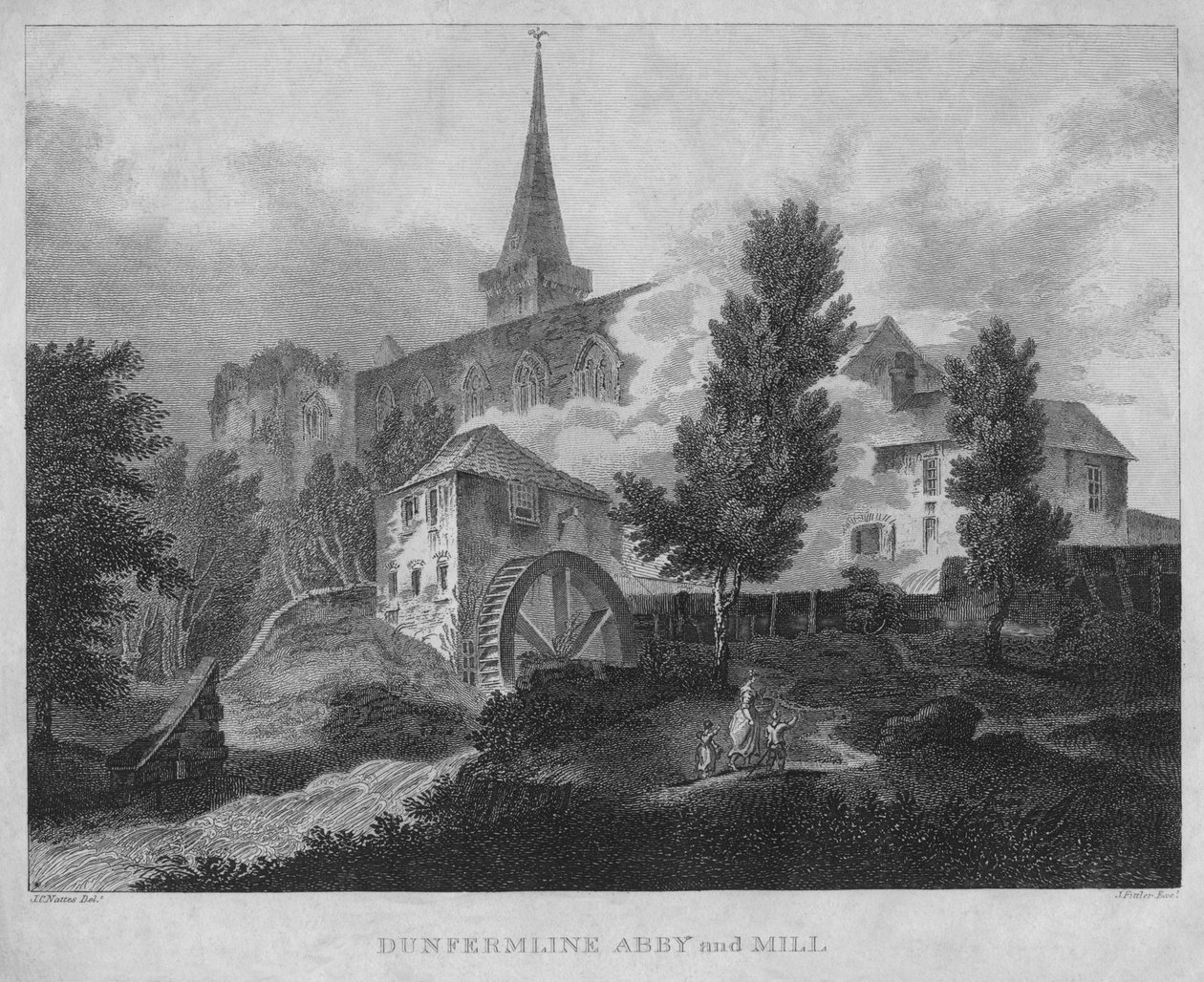 Dunfermline Abby e Mill, 1804 de James Fittler
