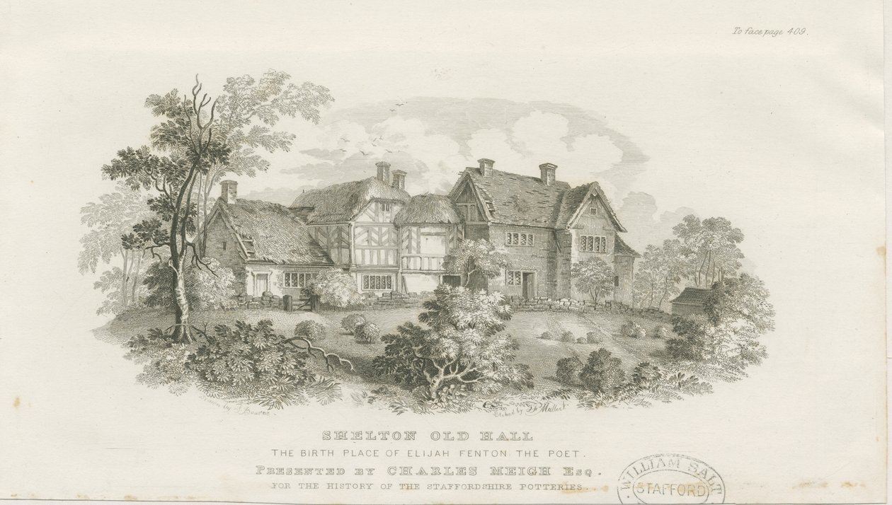 Shelton Old Hall: gravura em aço (vinheta), nd [c 1843] (impressão) de James Flewitt Mullock