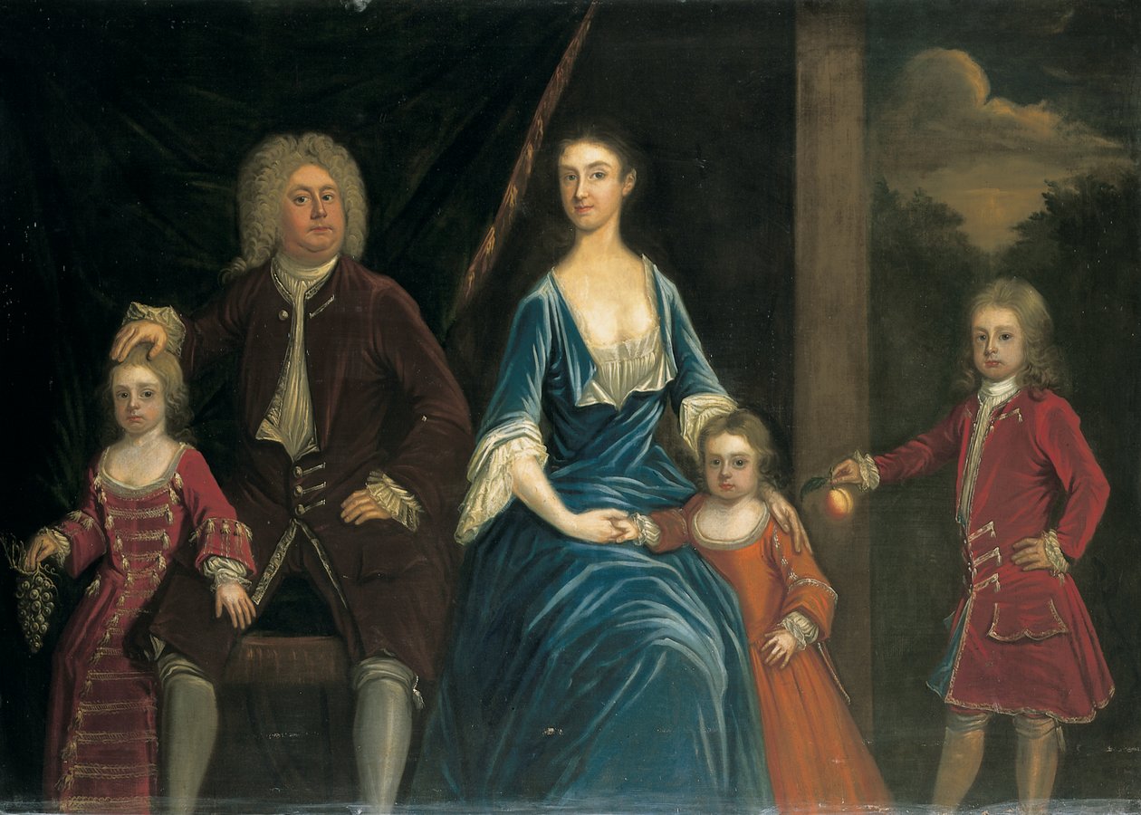 Retrato de grupo de Henry, 5º Lorde Arundell de Wardour e sua esposa Elizabeth, juntamente com seus filhos, em um interior, uma paisagem além de James Francis Maubert