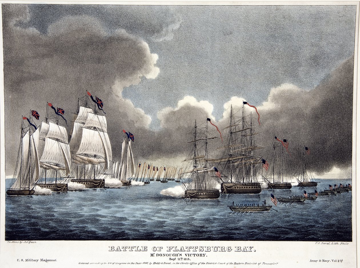 A Batalha da Baía de Plattsburg: McDonoughs Victory, pub. 1840 (gravura a cores) de James Fuller Queen