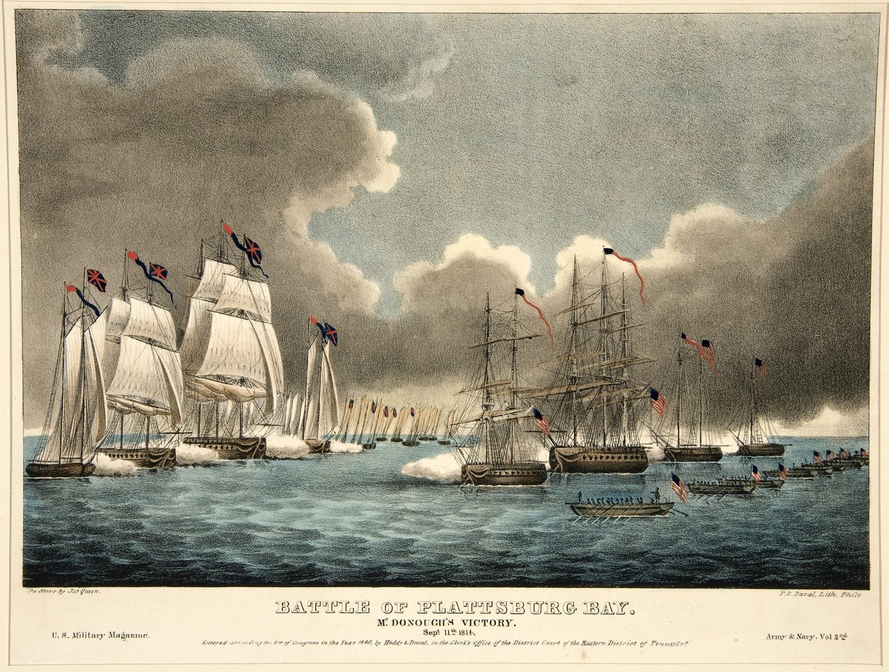 Batalha da Baía de Plattsburg: McDonough&39;s Victory, pub. 1840 (gravura colorida à mão) de James Fuller Queen