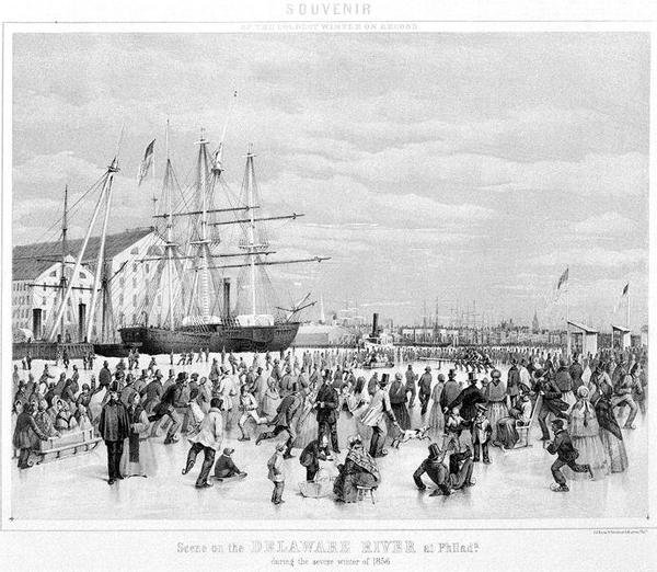Cena no rio Delaware na Filadélfia durante o Inverno rigoroso de 1856, c.1860 (litho) (foto a p/b) de James Fuller Queen