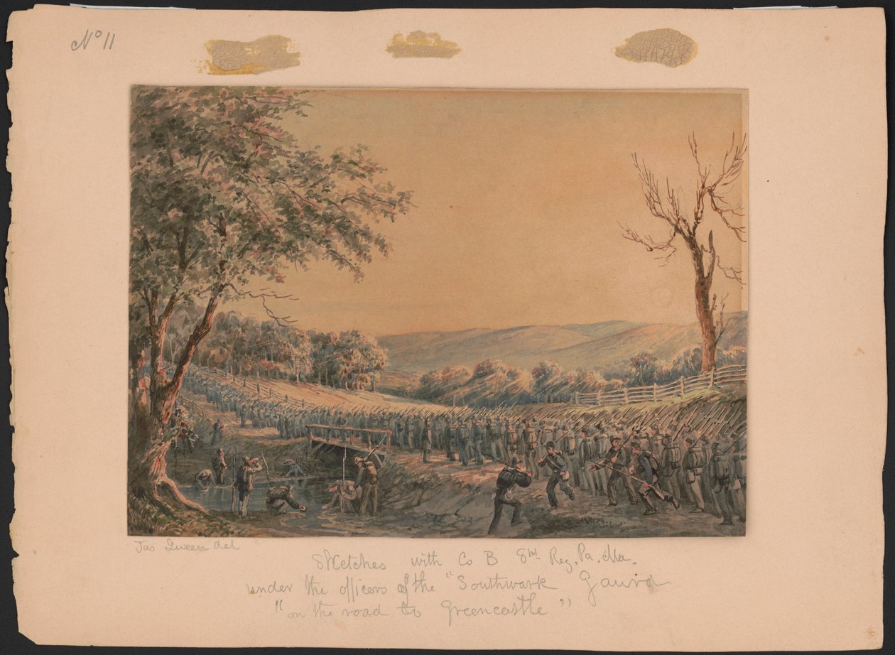 Esboços com Co. B, 8º Reg. Pa. Ma. sob os oficiais do velho Southwark Gaurd [sic] na estrada para Greencastle / Jas. Rainha do. Resumo/mídia de James Fuller Queen