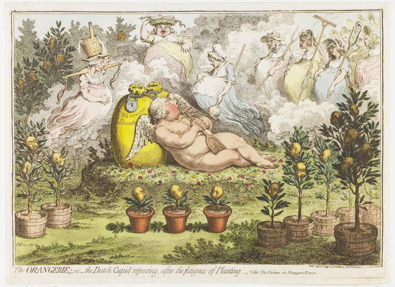 A Orangerie: O Cupido holandês descansando do cansaço da plantação, 1796
A Orangerie; ou o reposing do Cupido Holandês, após o cansaço da Plantação (título sobre o objecto) de James Gillray (signed by artist)