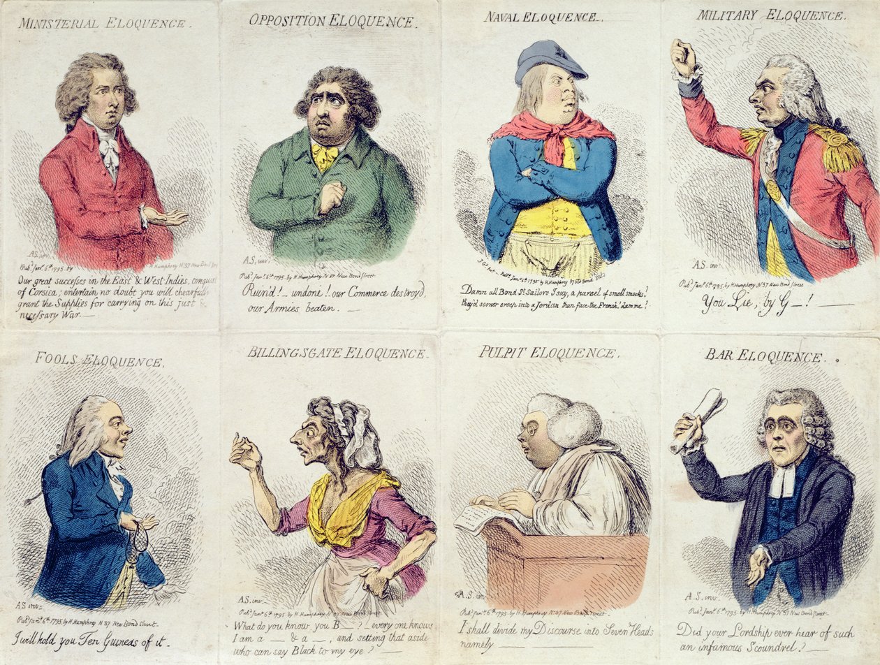 8 vinhetas representando eloquência, publicado por Hannah Humphrey em 1795 (gravura à mão colorida) de James Gillray