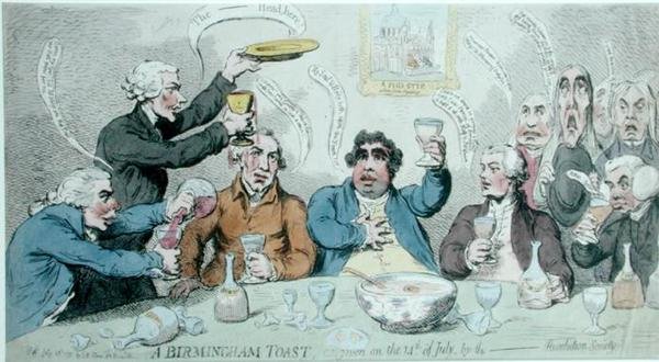 Um brinde de Birmingham, como dado no dia 14 de Julho pela Revolution Society, publicado pela S.W. Fores em 1791 (gravura colorida à mão) de James Gillray