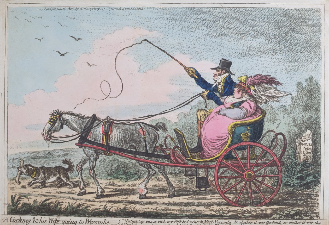 Um cockney e sua esposa indo para Wycombe, publicado por Hannah Humphrey em 1805 (gravura à mão colorida com aquatint) de James Gillray