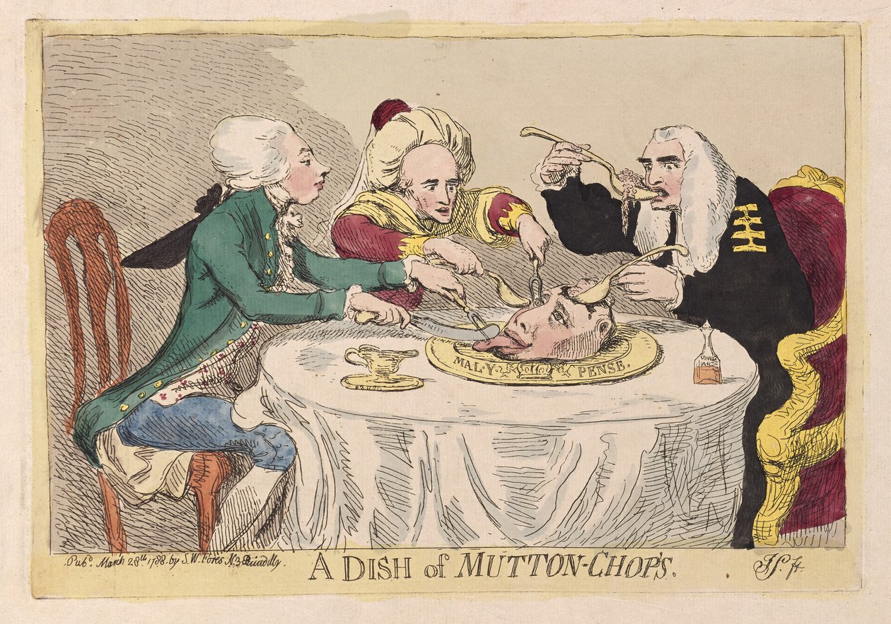 Um prato de carne de carneiro, pub. 1788 (gravura colorida à mão) de James Gillray