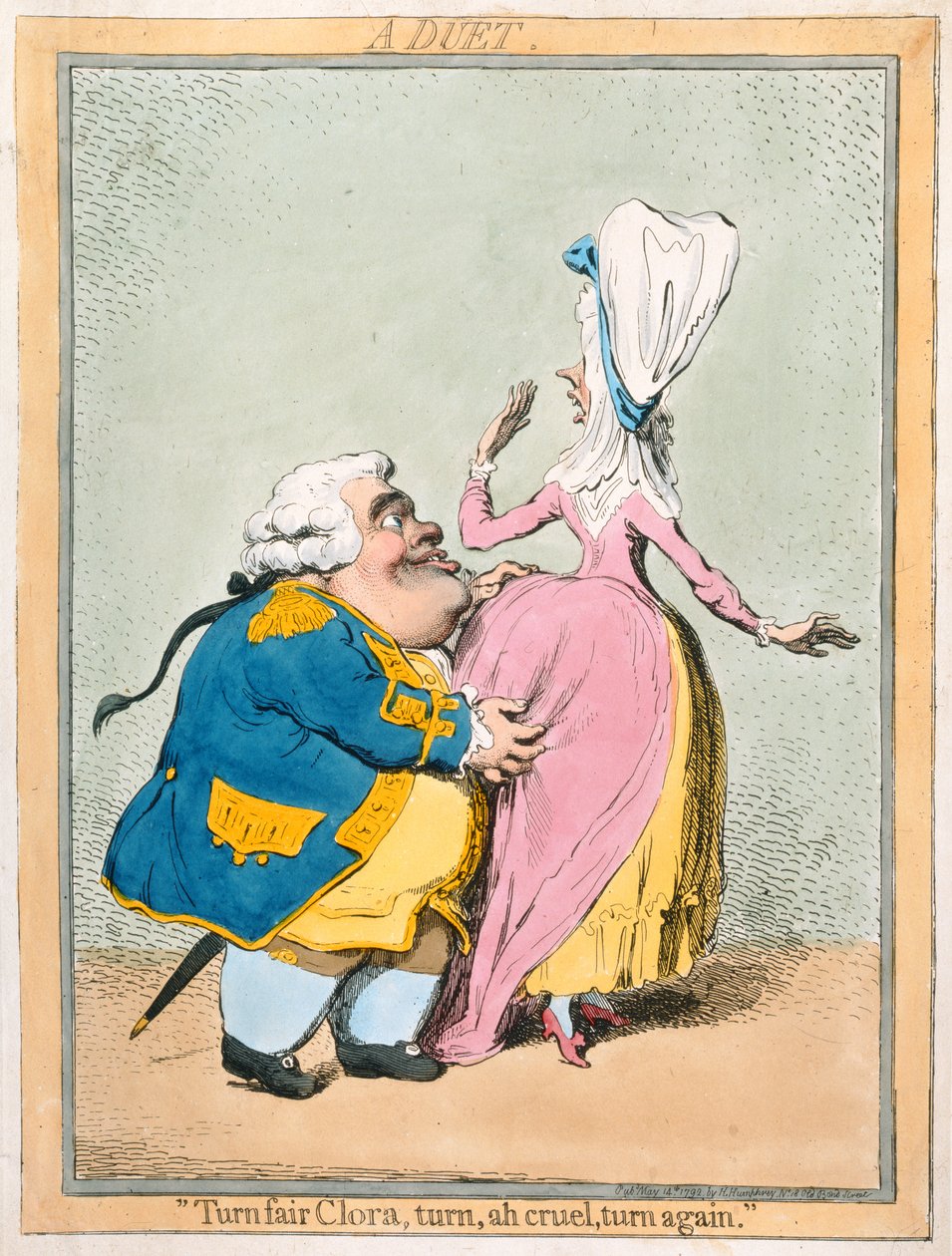 Um dueto: &39;Vire a Feira Clora, vire, ah, cruel, vire outra vez&39; publicado por Hannah Humphrey em 1792 (gravura à mão colorida) de James Gillray