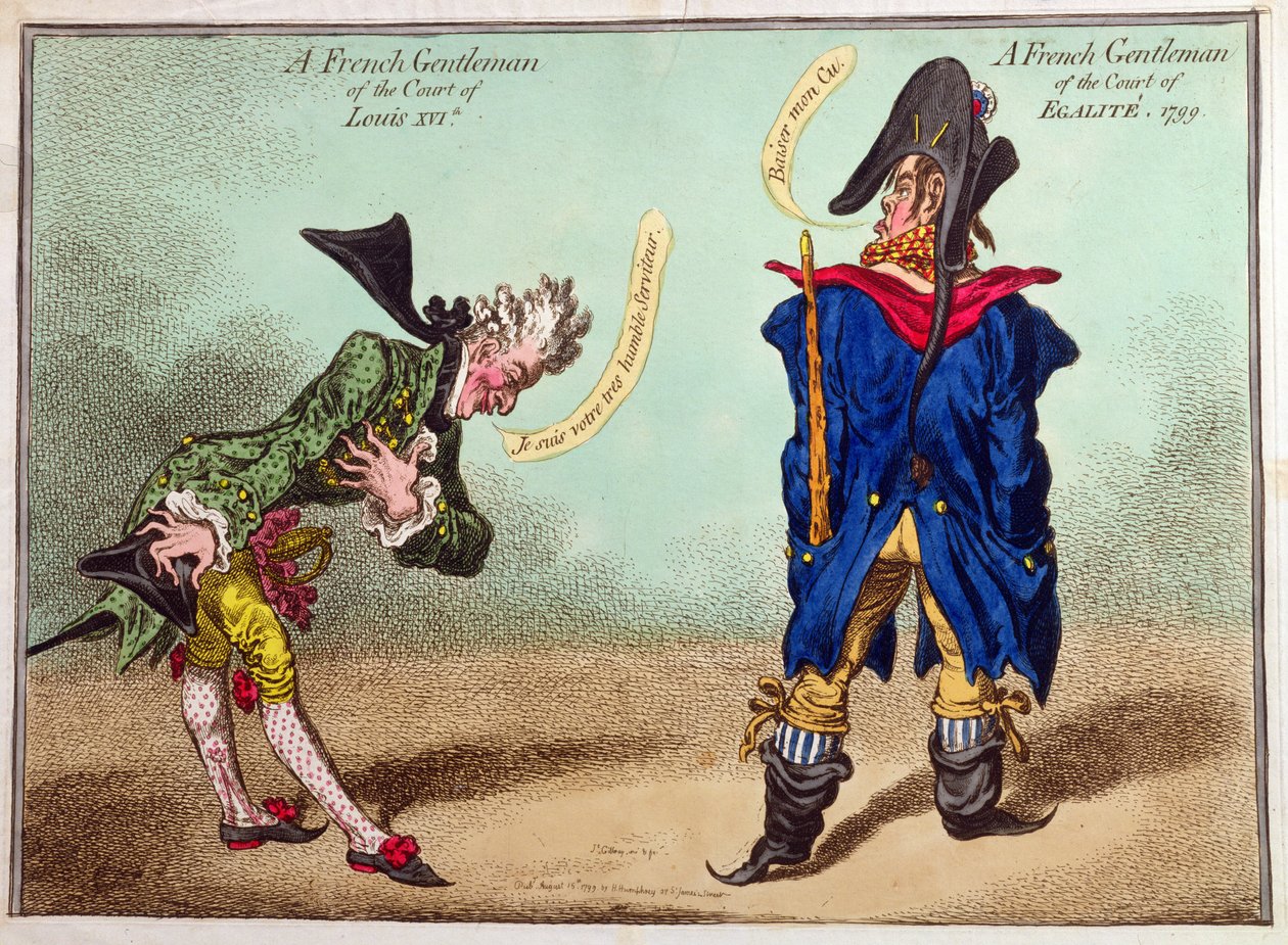 Um cavalheiro francês do Tribunal de Luís XVI e um cavalheiro francês do Tribunal de Egalite, publicado em 1799 (gravura à mão colorida) de James Gillray