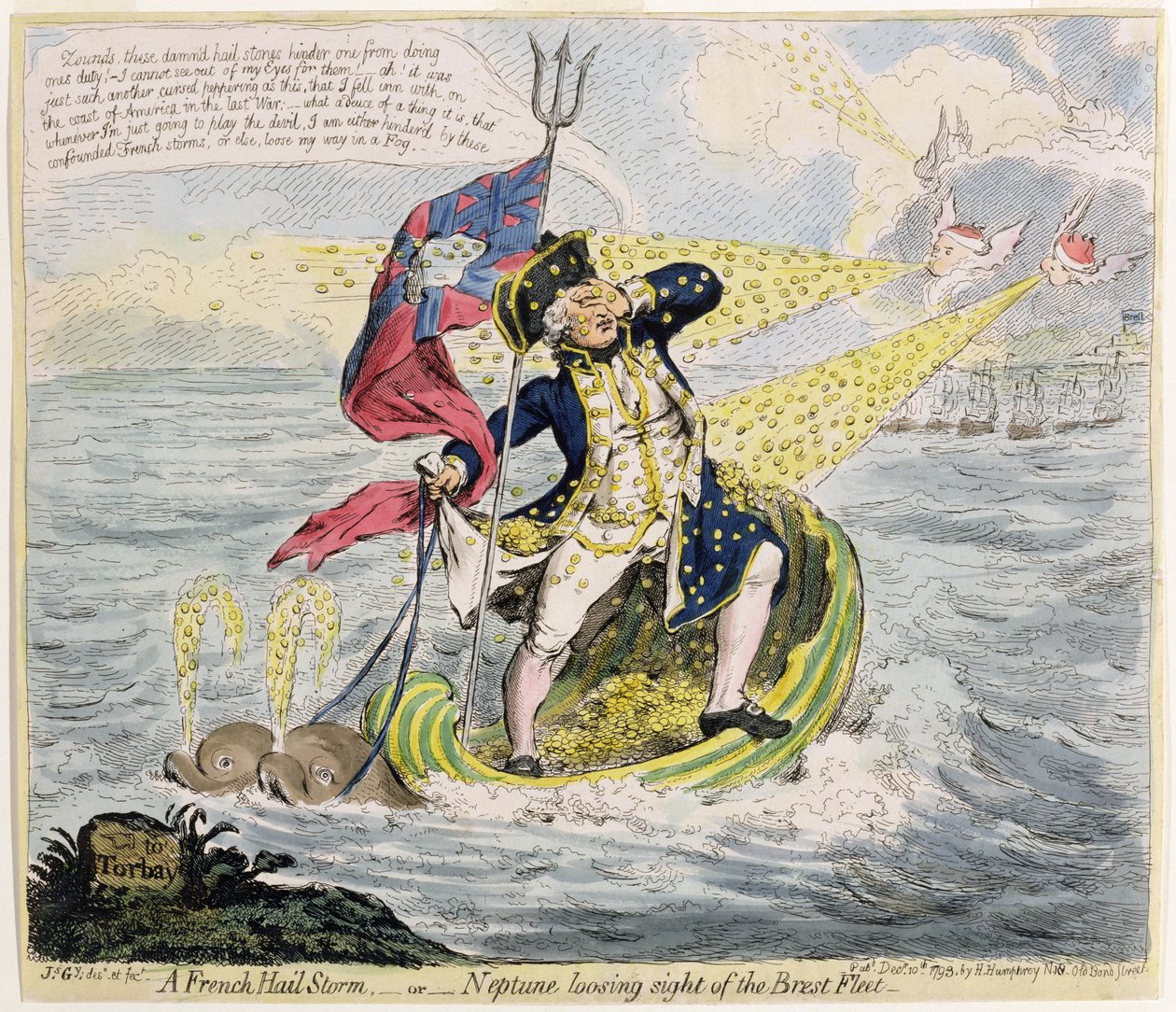 Uma tempestade de granizo francesa, ou Netuno perdendo de vista a Frota de Brest, publicada por Hannah Humphrey em 1793 (gravura à mão colorida) de James Gillray
