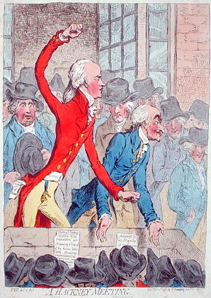 A Hackney Meeting, publicado por Hannah Humphrey em 1796 (gravura colorida à mão) de James Gillray