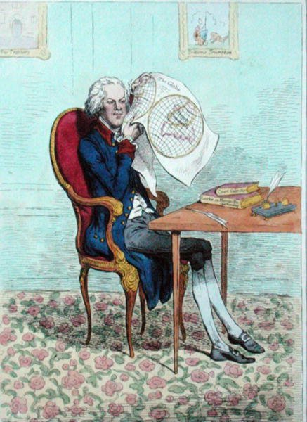 Um Político Keen-Sighted descobrindo as Conquistas Britânicas, publicado por Hannah Humphrey em 1795 (gravura colorida à mão) de James Gillray