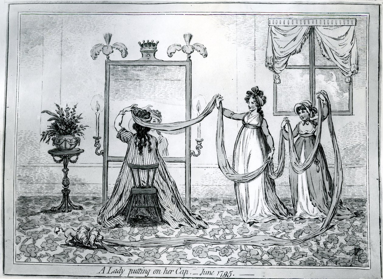 Uma senhora colocando em seu chapéu, 1795 de James Gillray