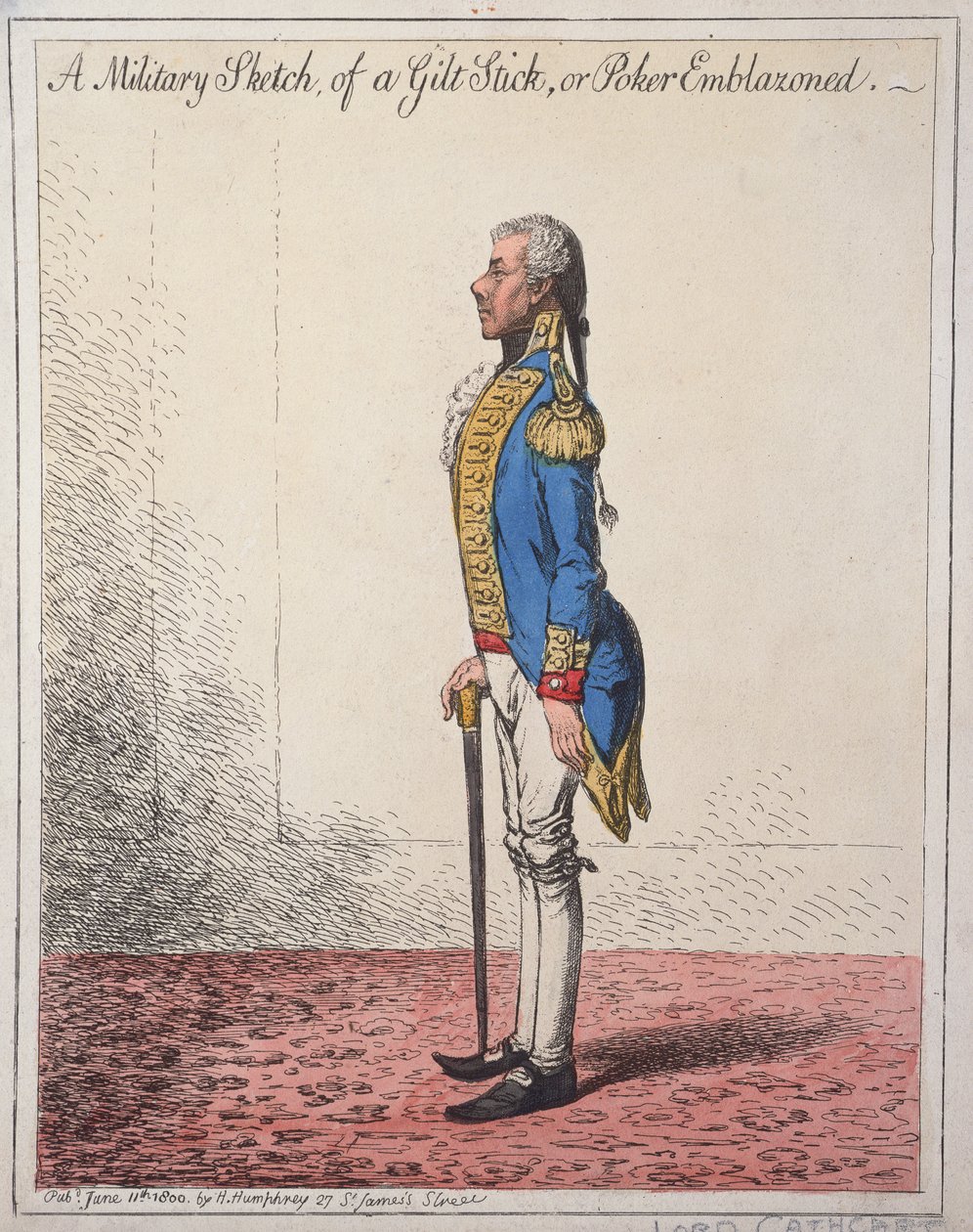 Um esboço militar de um palito dourado ou um brasão de pó, publicado por Hannah Humphrey em 1800 (gravura à mão colorida) de James Gillray