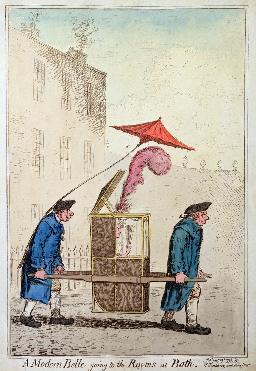 A Modern Belle indo para os quartos em Bath, publicado por Hannah Humphrey em 1796 (gravura colorida à mão) de James Gillray