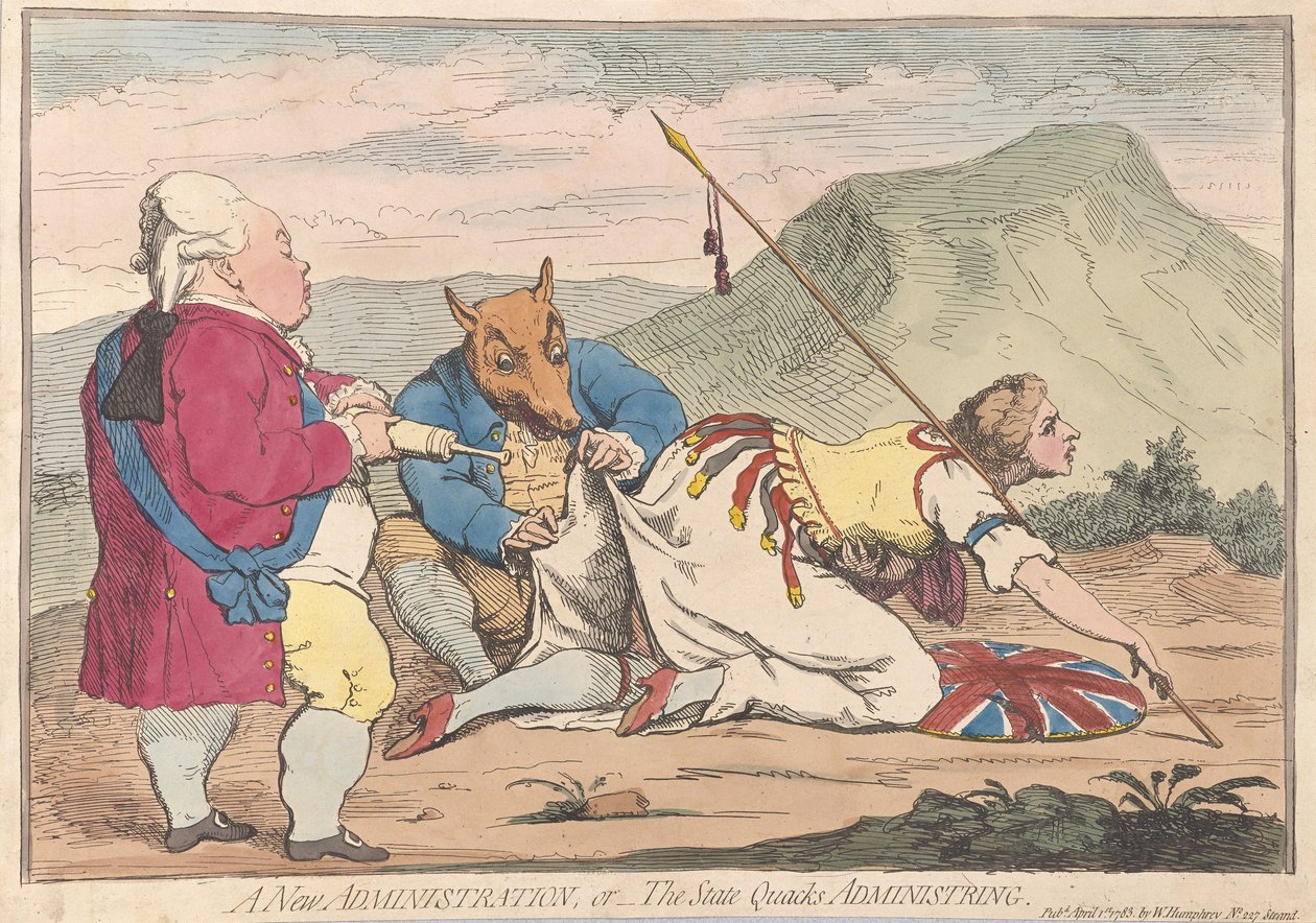 Uma nova administração ou o estado Quacks Administring, pub. 1783 (gravura colorida à mão) de James Gillray