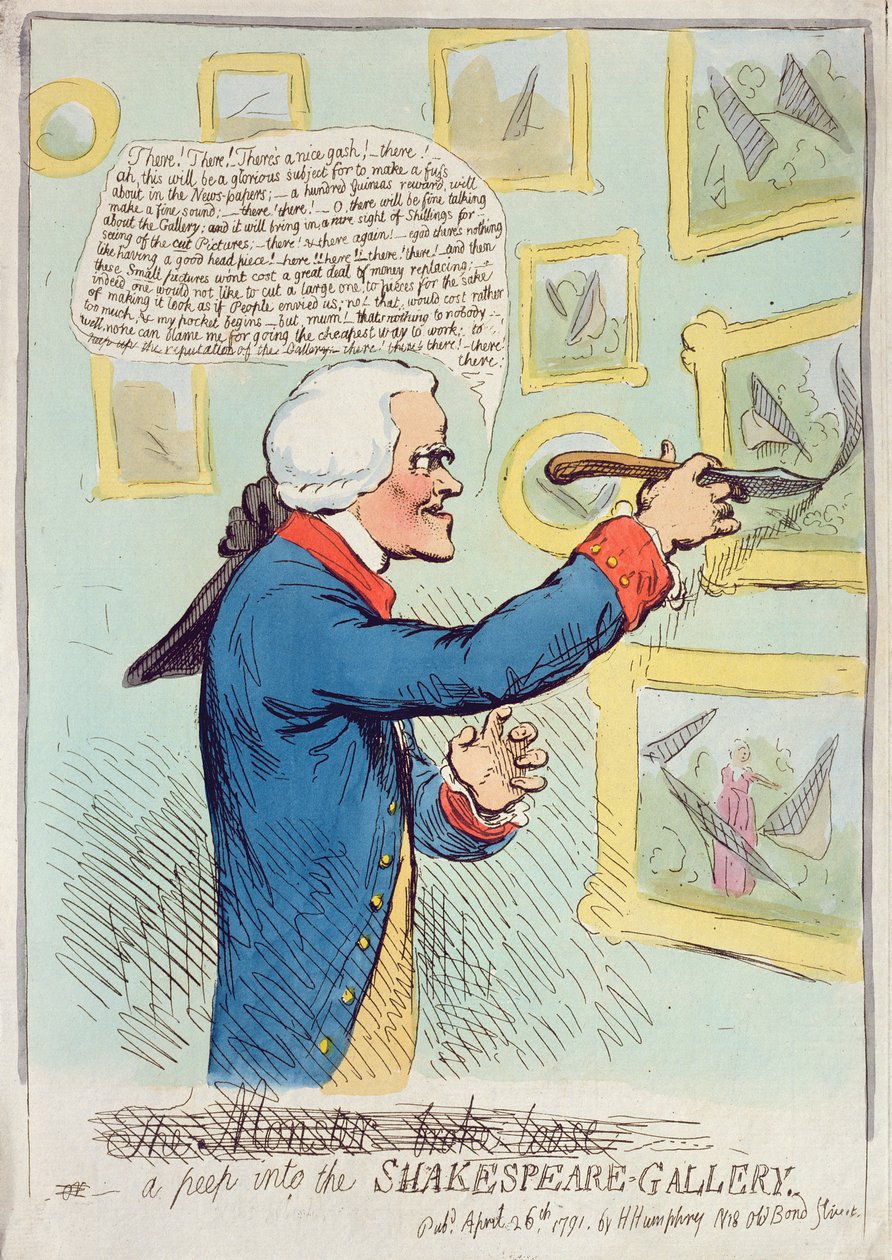 Uma espiada na galeria de Shakespeare, publicada por Hannah Humphrey em 1791 (gravura à mão colorida) de James Gillray