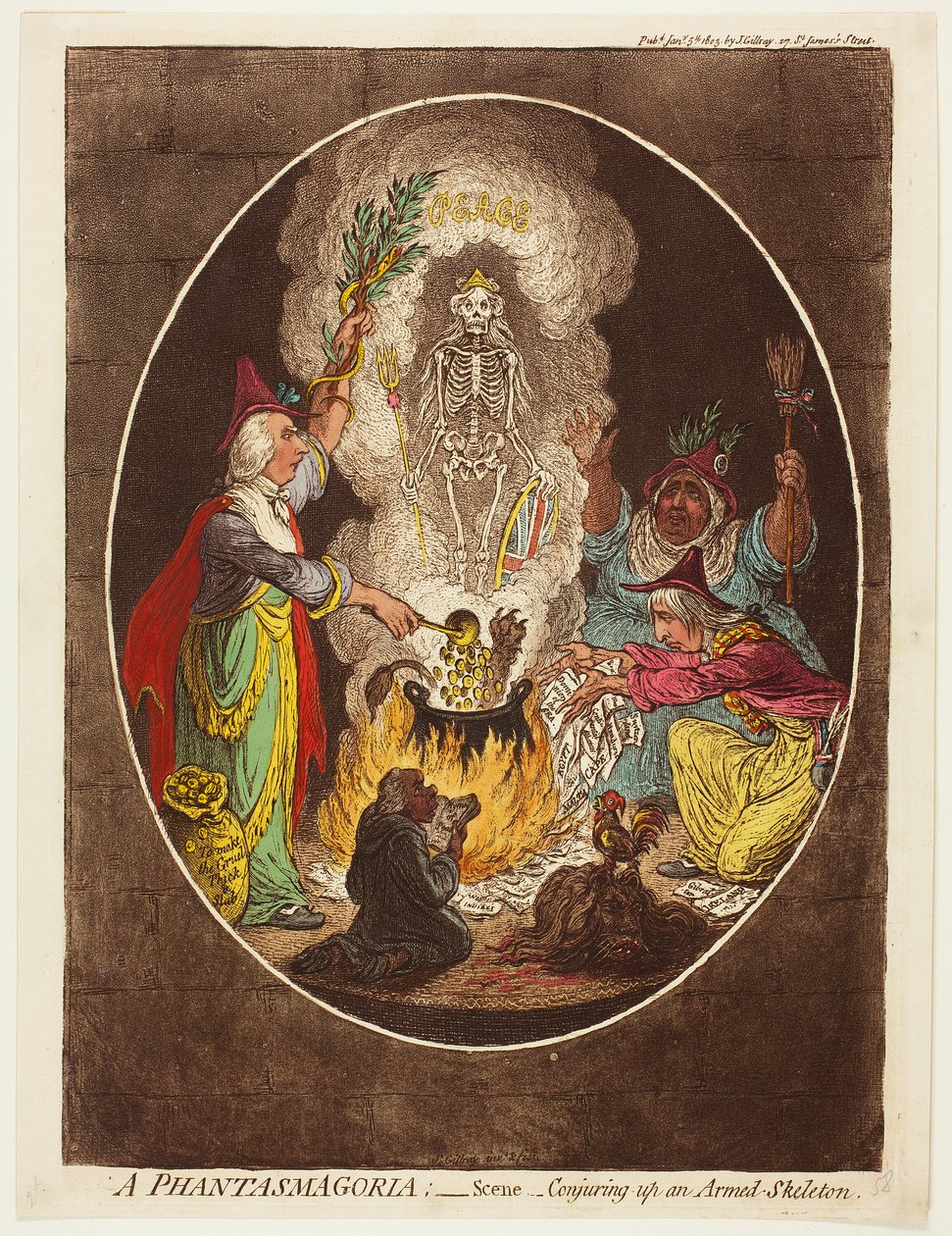 A Phantasmagoria - Cena - Conjurar um esqueleto armado de James Gillray