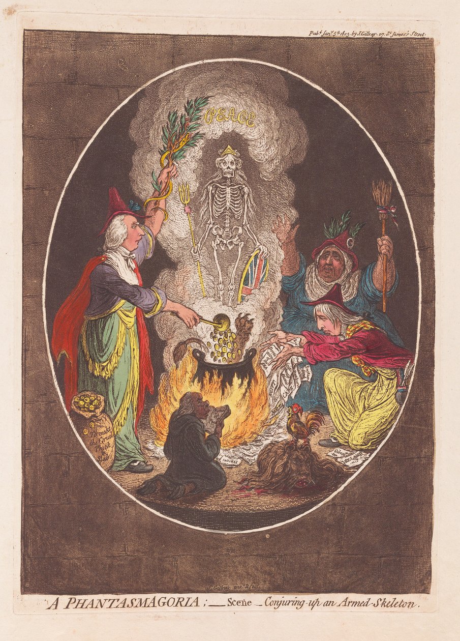 A Phantasmagoria: Cena - Conjurando um esqueleto armado, pub. 1803 (gravura colorida à mão) de James Gillray