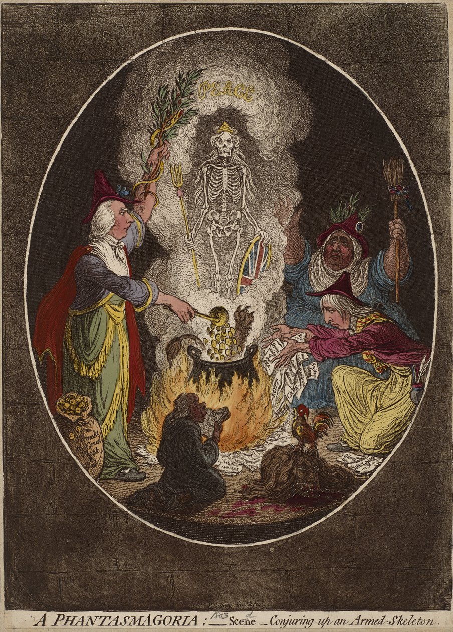 A Phantasmogoria; - Cena - Conjuring-up an Armed-Skeleton., Janeiro 5,1803 (gravura colorida à mão e água-forte em papel tecido) de James Gillray