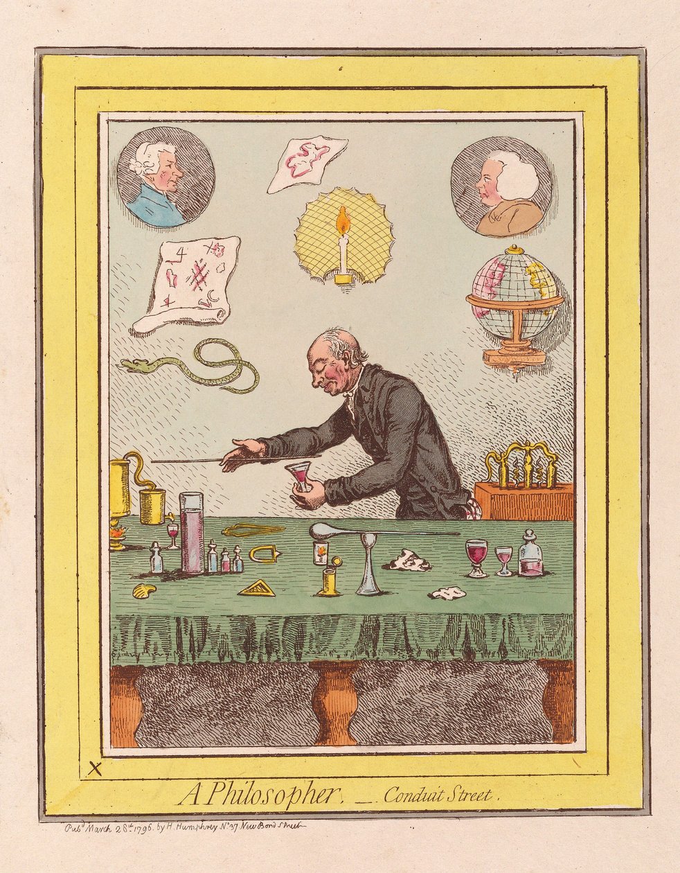 Um filósofo: Conduit Street, pub. 1796 (gravura colorida à mão) de James Gillray