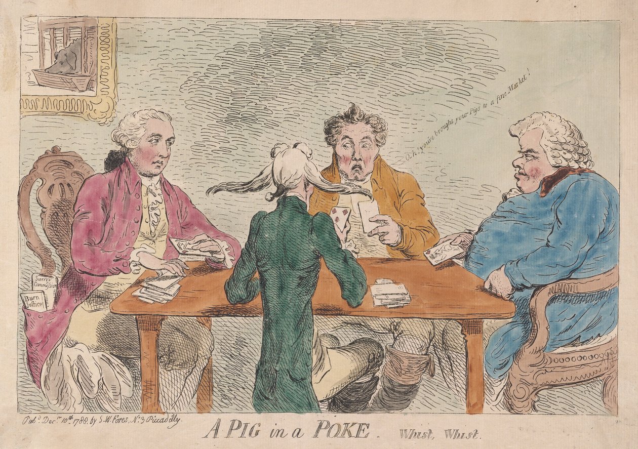 Um porco em um puxão, Whist, Whist, pub. 1788 (gravura colorida à mão) de James Gillray