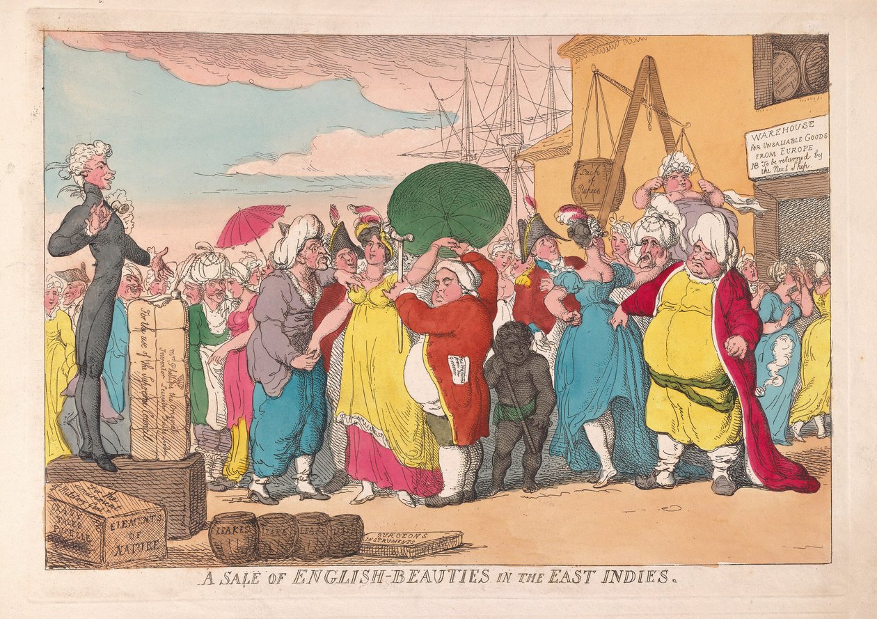 Uma venda de belezas inglesas nas Índias Orientais, pub. 1786 (gravura colorida à mão) de James Gillray