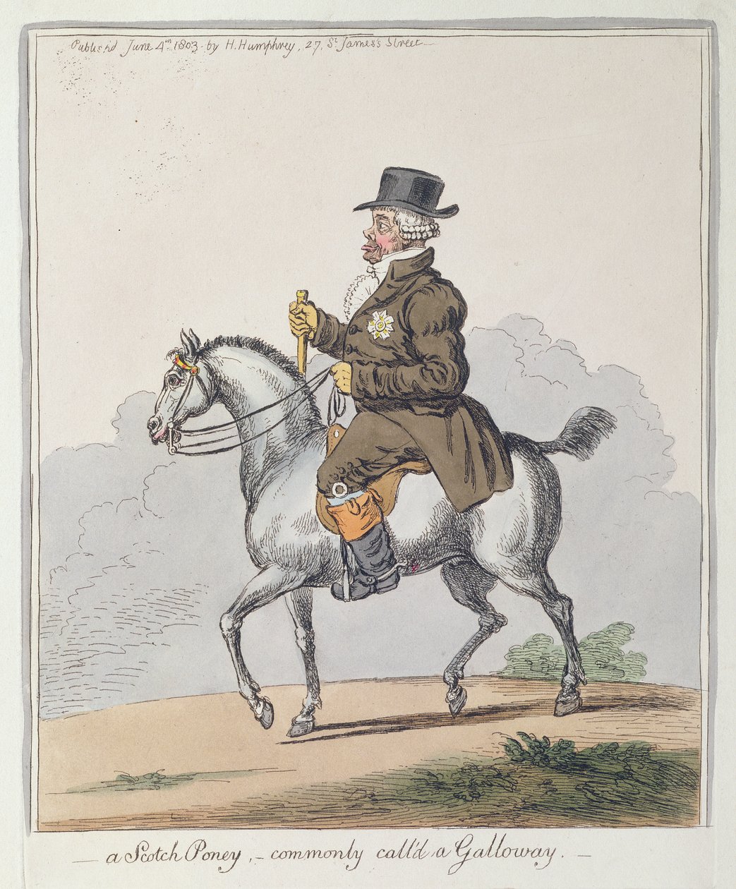Um Scotch Poney, comumente chamado de Galloway, publicado por Hannah Humphrey em 1803 (gravura à mão colorida) de James Gillray