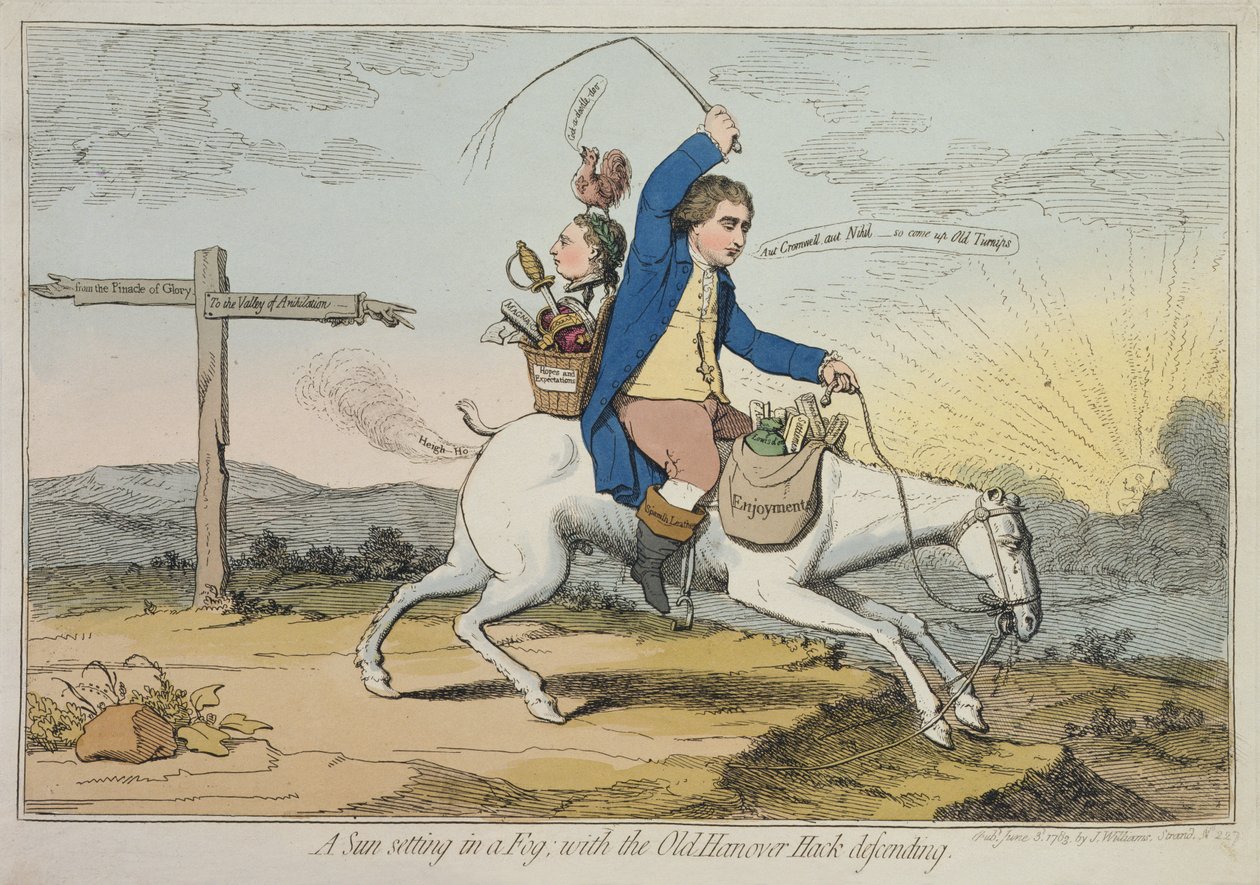 Um pôr do sol no nevoeiro, com a defesa Old Hanover Hack, publicada por J. Williams em 1783 (gravura à mão colorida) de James Gillray