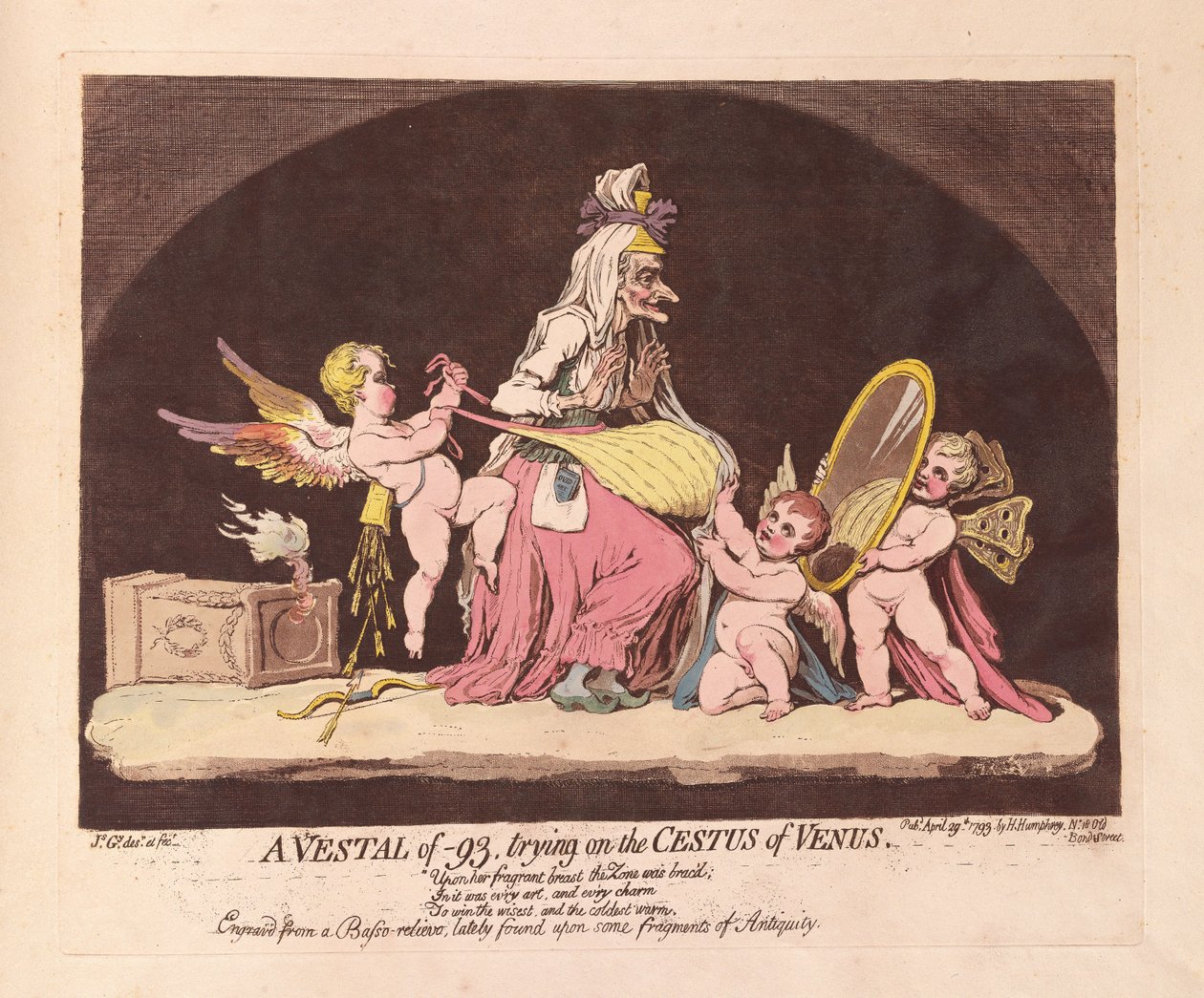 Uma Vestal de -93, experimentando o Cestus de Vênus, pub. 1793 (gravura colorida à mão) de James Gillray