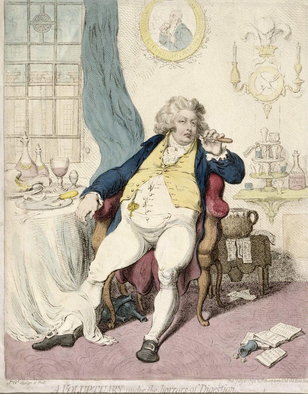 Um Voluptuary sob os Horrores da Digestão, publicado por Hannah Humphrey em 1792 (gravura à mão colorida) de James Gillray