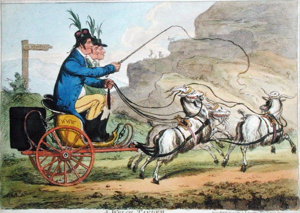 A Welch Tandem, publicado por Hannah Humphrey em 1803 (gravura colorida à mão) de James Gillray