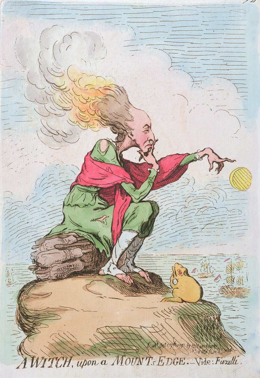 Uma bruxa, em cima de um monte, ou Fuzelli, publicado por Hannah Humphrey em 1791 (gravura à mão colorida) de James Gillray