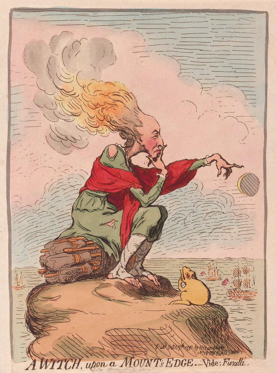 Uma bruxa em cima de uma borda de montagens; vide; Fuzelli, pub. 1791 (gravura colorida à mão) de James Gillray