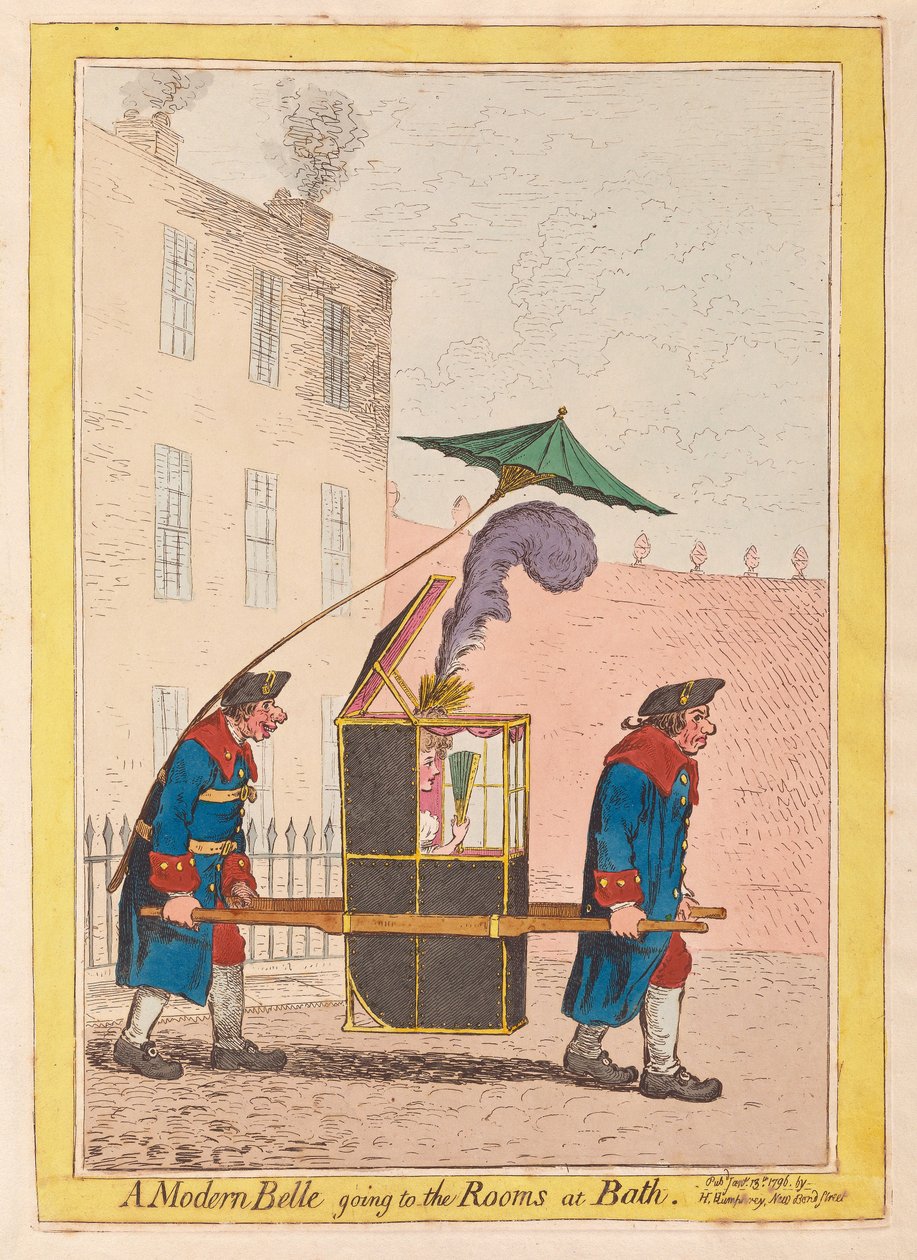Um moderno Belle indo para os quartos no banho, pub. 1796 (gravura colorida à mão) de James Gillray