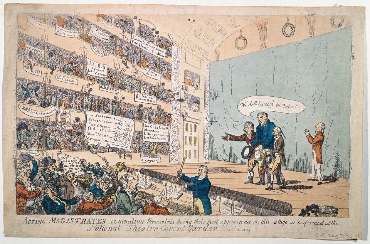 Magistrados em exercício comprometendo-se, sendo a sua primeira aparição como realizada no Teatro Nacional Covent Garden, publicado em 1809 (gravura à mão colorida) de James Gillray