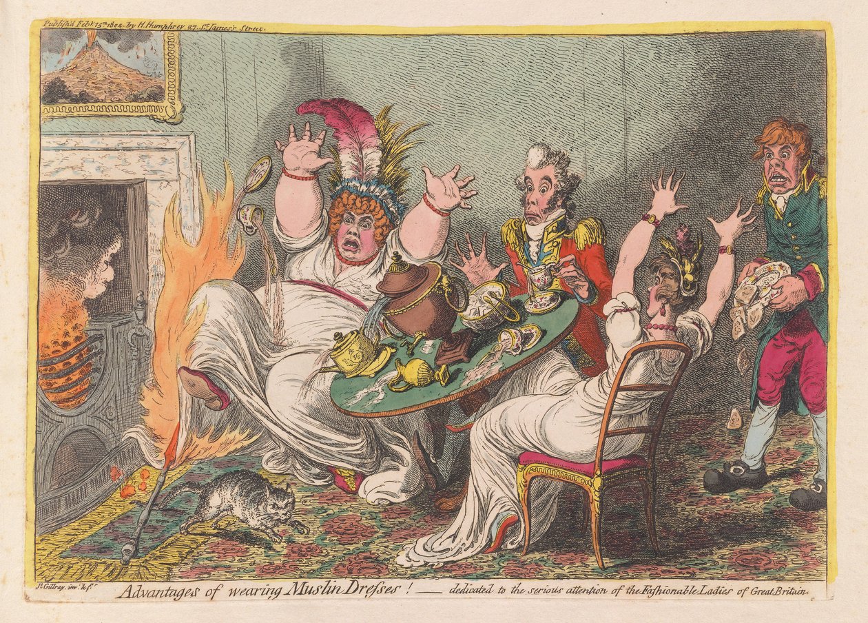 Vantagens de usar Vestidos Muslin!, pub. 1802 (gravação a cores) de James Gillray