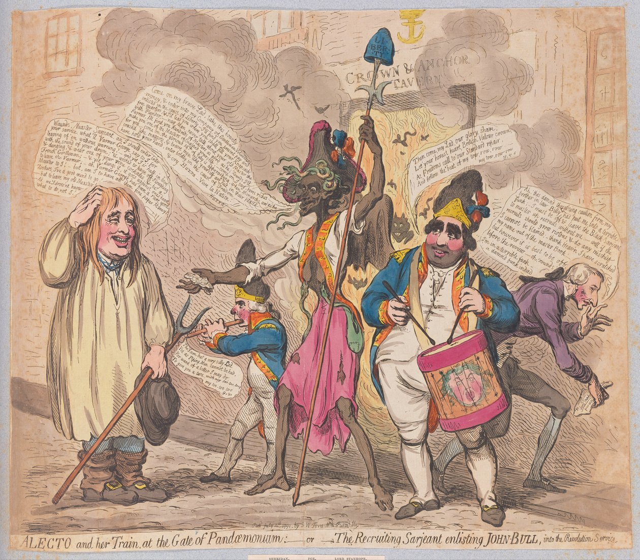 Alecto e seu trem na porta do Pandaemonium ou o Sarjeant de recrutamento enlising John Bull no serviço da revolução, bar. (gravura colorida à mão) de James Gillray