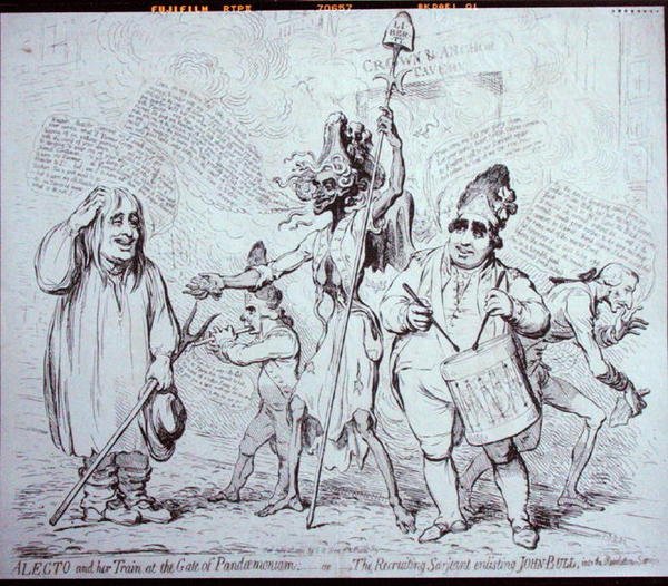 Alecto e o seu comboio na Porta do Pandemónio, ou O Sargento Recrutador que recrutou John Bull para o Serviço da Revolução, publicado por S.W. Fores em 1791 (gravura) de James Gillray