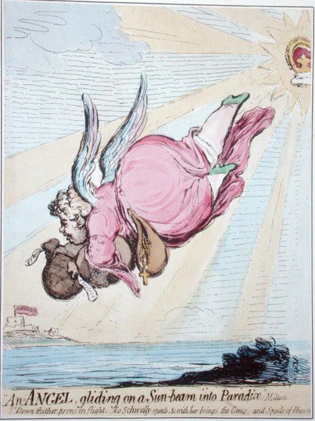 Um Anjo deslizando sobre um raio de sol para o Paraíso (gravura colorida à mão) de James Gillray