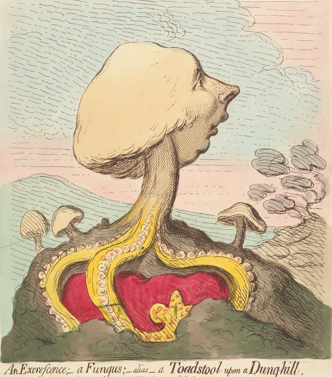 Uma excrescência; - Um fungo; - Também conhecido como - Um cogumelo venenoso num monte de estrume de James Gillray