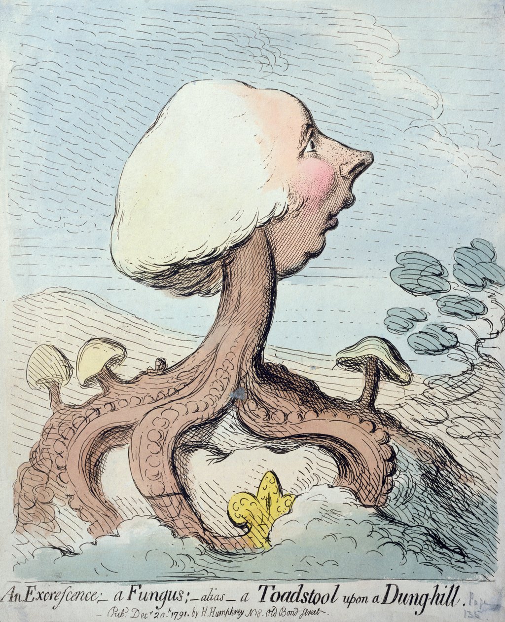 Um Excrescence; Um fungo; Alias - Um Toadstool em cima de um Dung Hill, publicado por Hannah Humphrey em 1791 (gravura com wc) de James Gillray