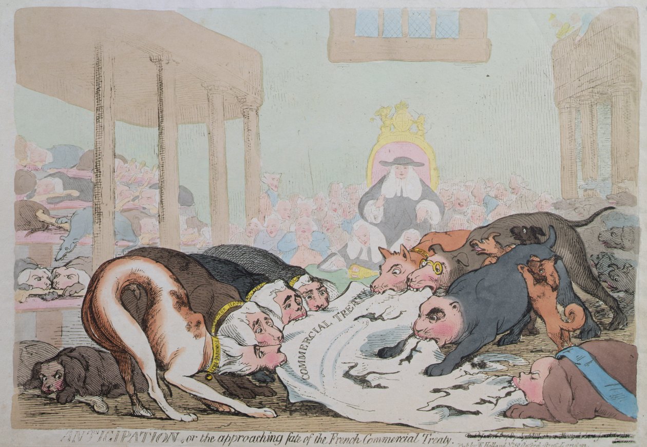 Antecipação, ou O Destino Aproximando do Tratado Comercial Francês, publicado por W. Holland em 1786 (gravura à mão colorida) de James Gillray