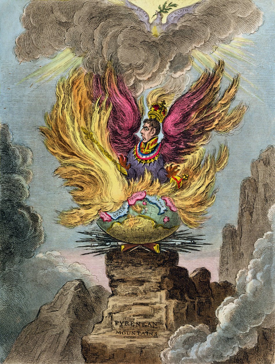 Apoteose da Fênix da Córsega, publicada por Hannah Humphrey em 1808 (gravura à mão colorida) de James Gillray