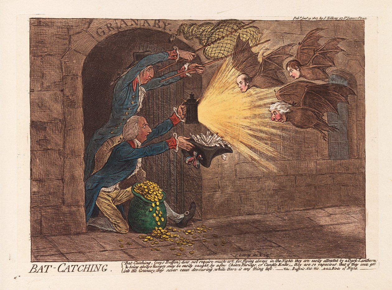 Bat capturando, pub. 1803 (gravura colorida à mão) de James Gillray
