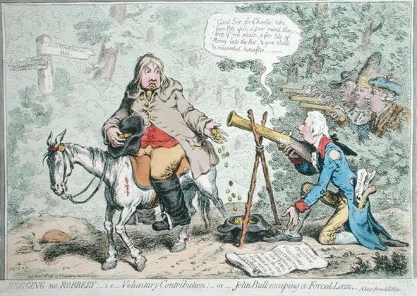 Begging no Robbery: i.e. Contribuição Voluntária, ou John Bull escapando de um Empréstimo Forçado, publicado por Hannah Humphrey em 1796 (gravura colorida à mão) de James Gillray