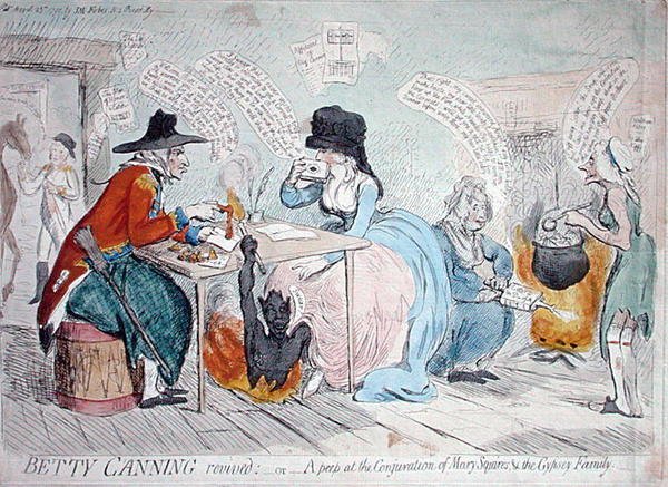 Betty Canning reanimada, ou Uma espreitadela à conjugação de Mary Squires & the Gypsey Family, publicado por J.M. Fobes em 1791 (gravura colorida à mão) de James Gillray