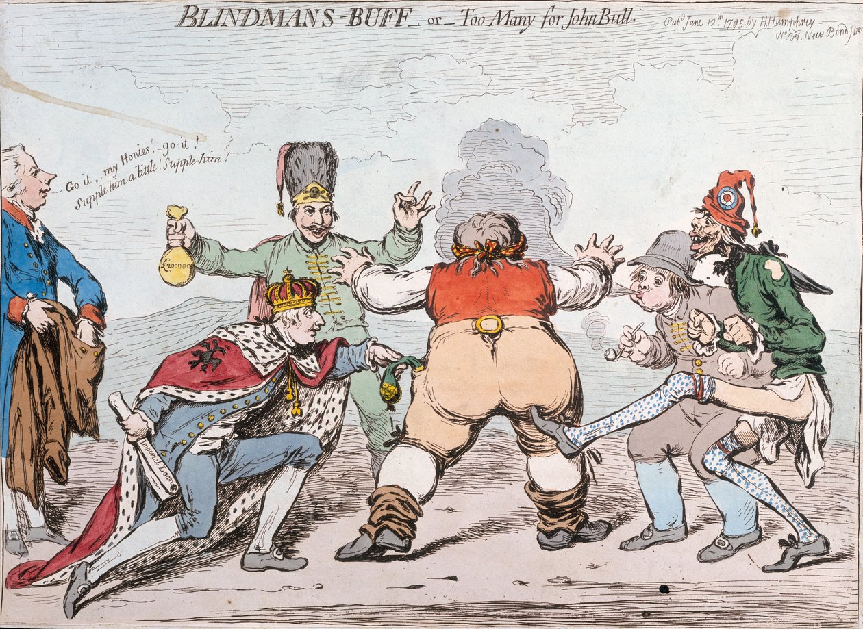 Blindman&39;s Buff, ou Too Many para John Bull, publicado por Hannah Humphrey em 1795 (gravura à mão colorida) de James Gillray